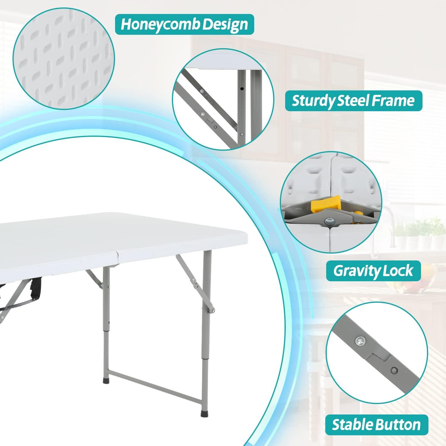 CL.HPAHKL 4 ft Folding Table with 3 Adjustable Height, Small Plastic Foldable Table with Carrying Handle, Portable Camping Table Fold in Half for Indoor Outdoor Camping, Picnic and Party, White