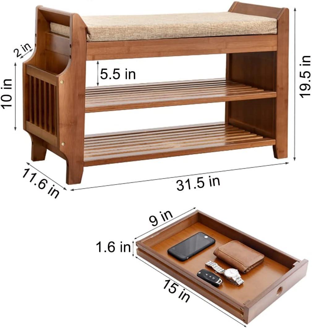 Bamboo 2-Tier Shoe Storage Bench with Hidden Drawer