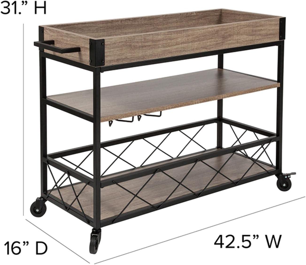 Buckhead Light Oak and Iron Rectangular Bar Cart with Wine Storage