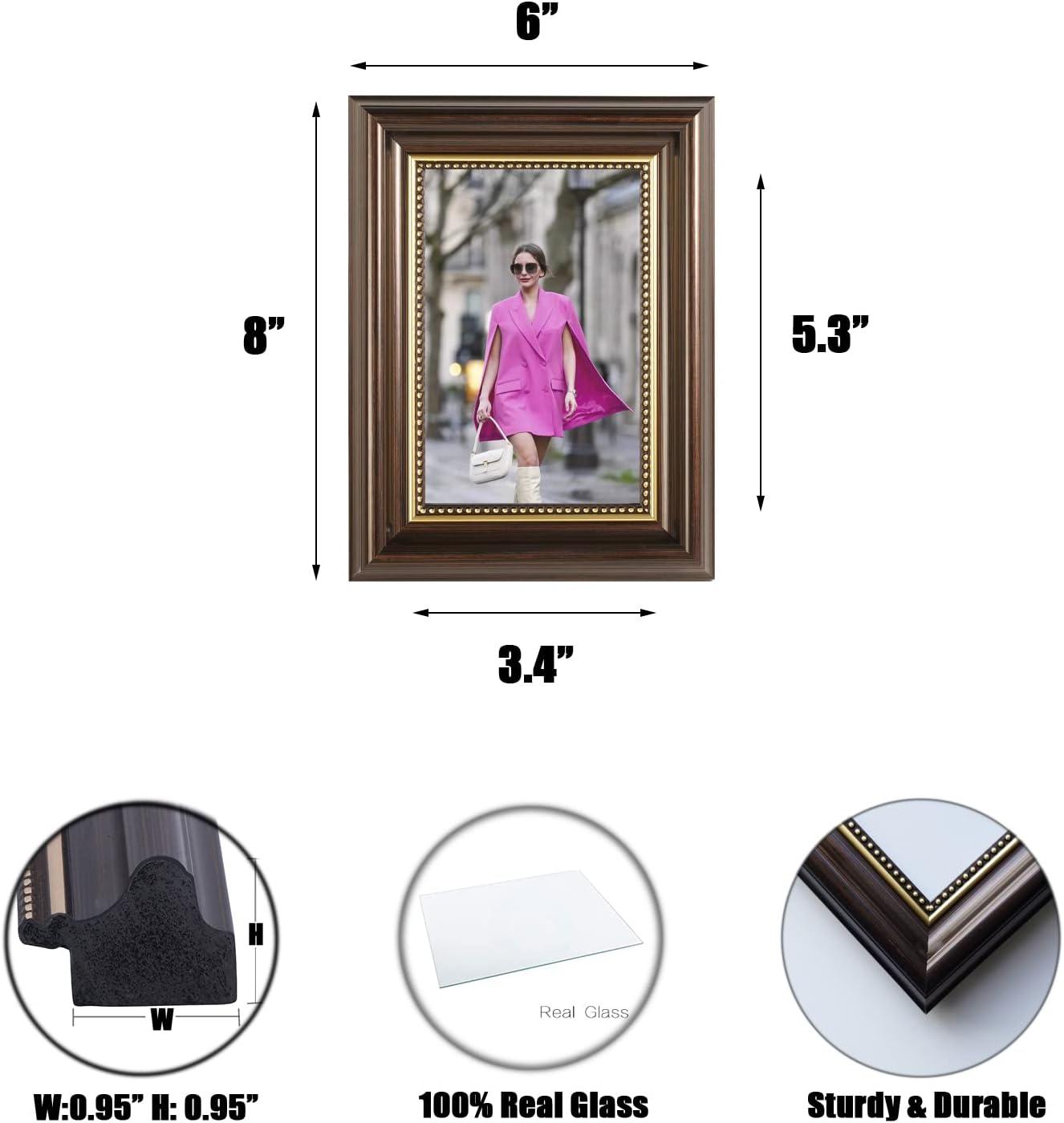 4x6 Picture frames set of 2, Photo frames 4x6 with Real Glass, Tabletop Display & Wall Mount, Brown with Gold Bead