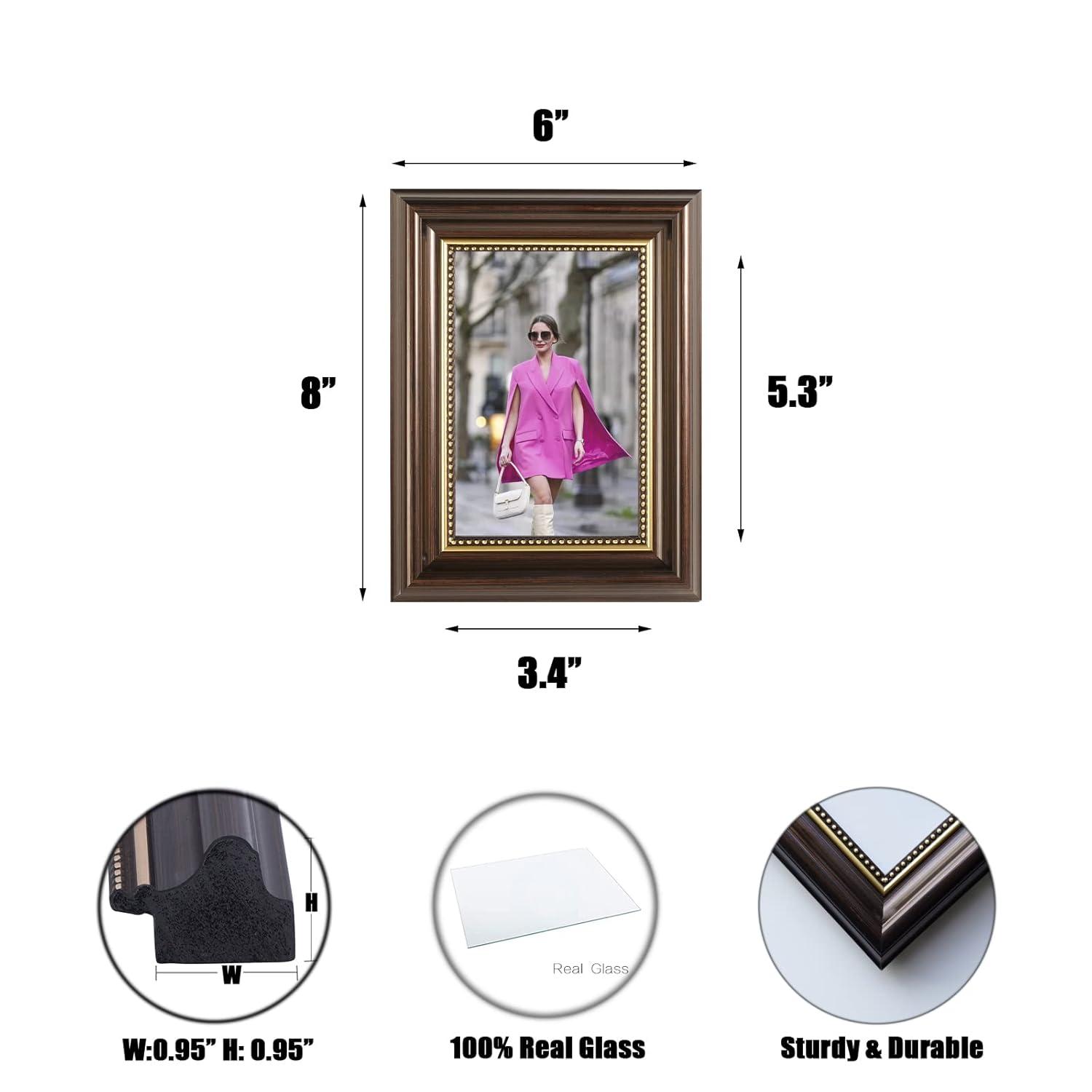 4x6 Picture frames set of 2, Photo frames 4x6 with Real Glass, Tabletop Display & Wall Mount, Brown with Gold Bead