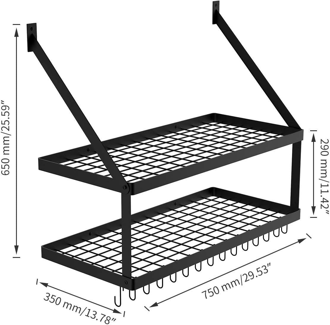 Black Metal Wall Mount 2-Tier Pot Rack with Hooks