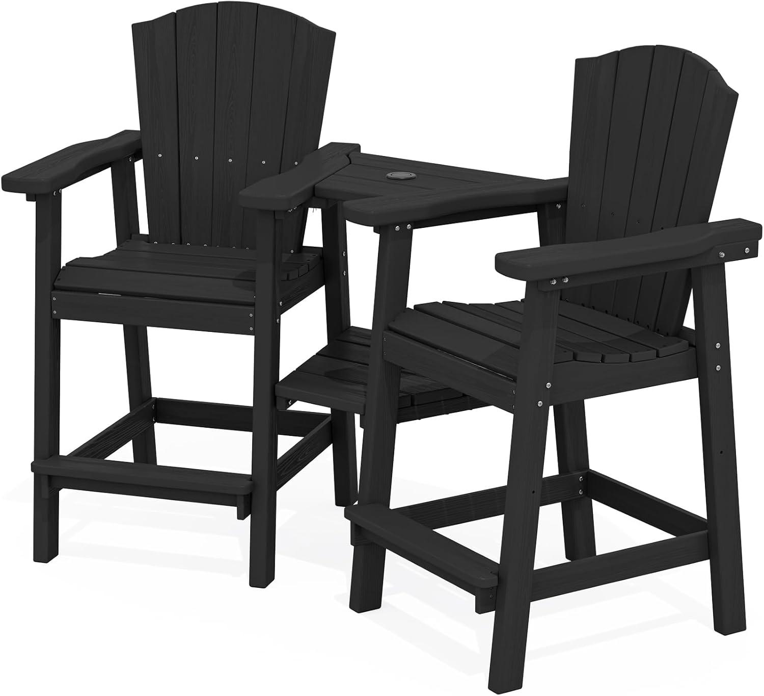 JUSTLET Tall Plastic Adirondack Chair Set of 2 W/ Outdoor Barstools and Connecting Tray, Brown