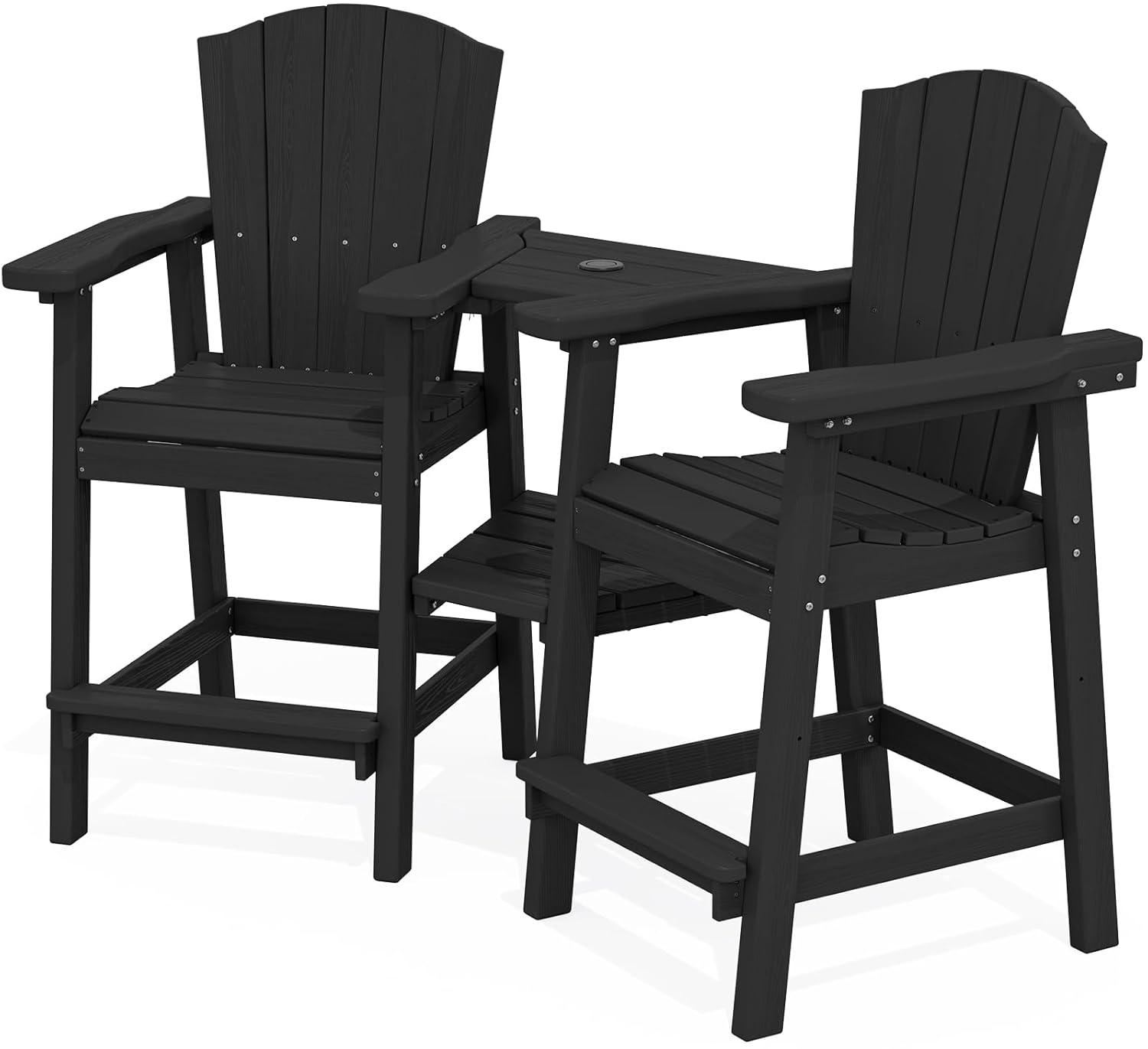 JUSTLET Tall Plastic Adirondack Chair Set of 2 W/ Outdoor Barstools and Connecting Tray, Brown