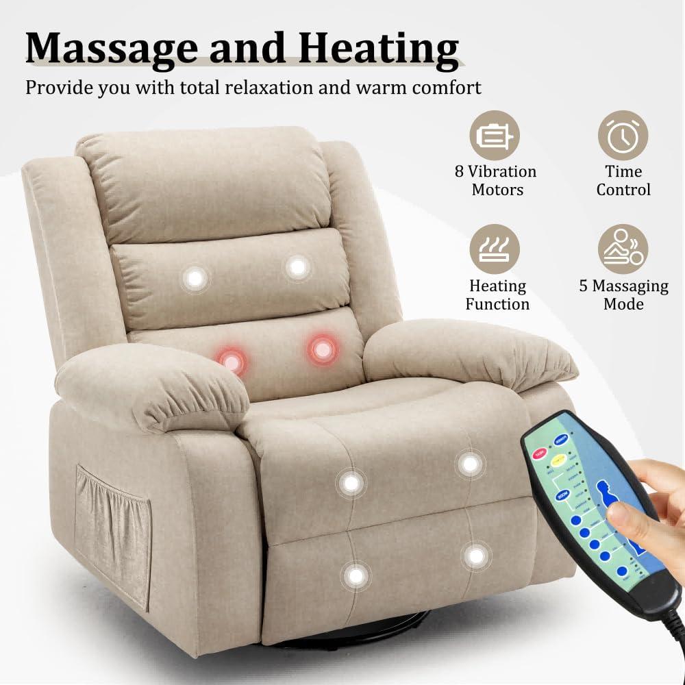 Ellisse Recliner Chair, Wide Rocker Chair, Rocking Chair with Massage and Heat, 360°Swivel Rocking Chairs, Oversized Recliner for Adult