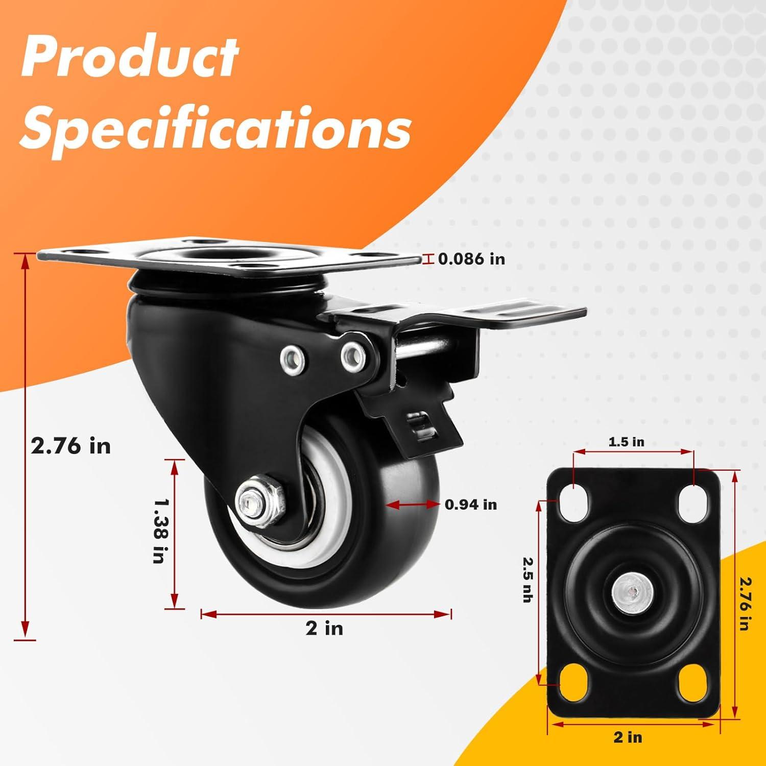 2" Black Heavy-Duty Industrial Caster Wheels Set of 8