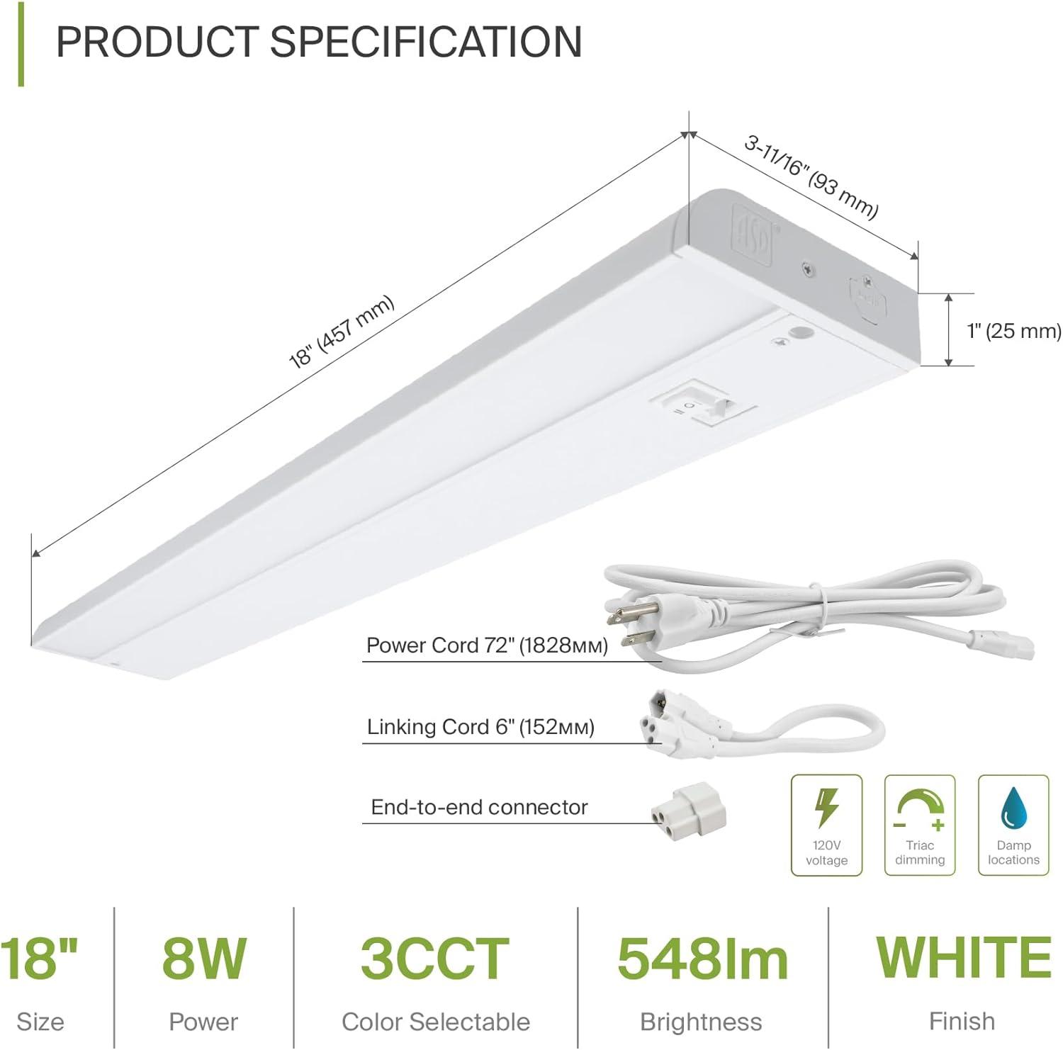 ASD LED Under Cabinet Lighting 18 Inch, Dimmable, Hardwired or Plug-in Installation, 3 Color Levels- 2700K/3000K/4000K, Linkable Kitchen Under Counter Lighting, ETL & Energy Star, White Finish