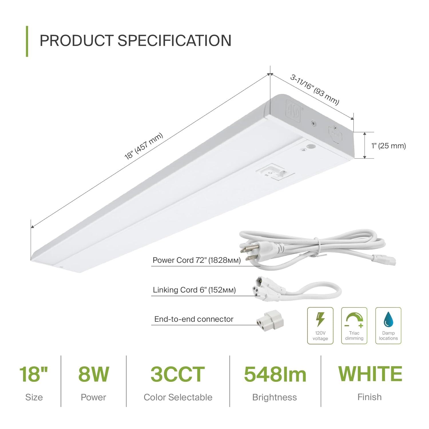 ASD LED Under Cabinet Lighting 18 Inch, Dimmable, Hardwired or Plug-in Installation, 3 Color Levels- 2700K/3000K/4000K, Linkable Kitchen Under Counter Lighting, ETL & Energy Star, White Finish