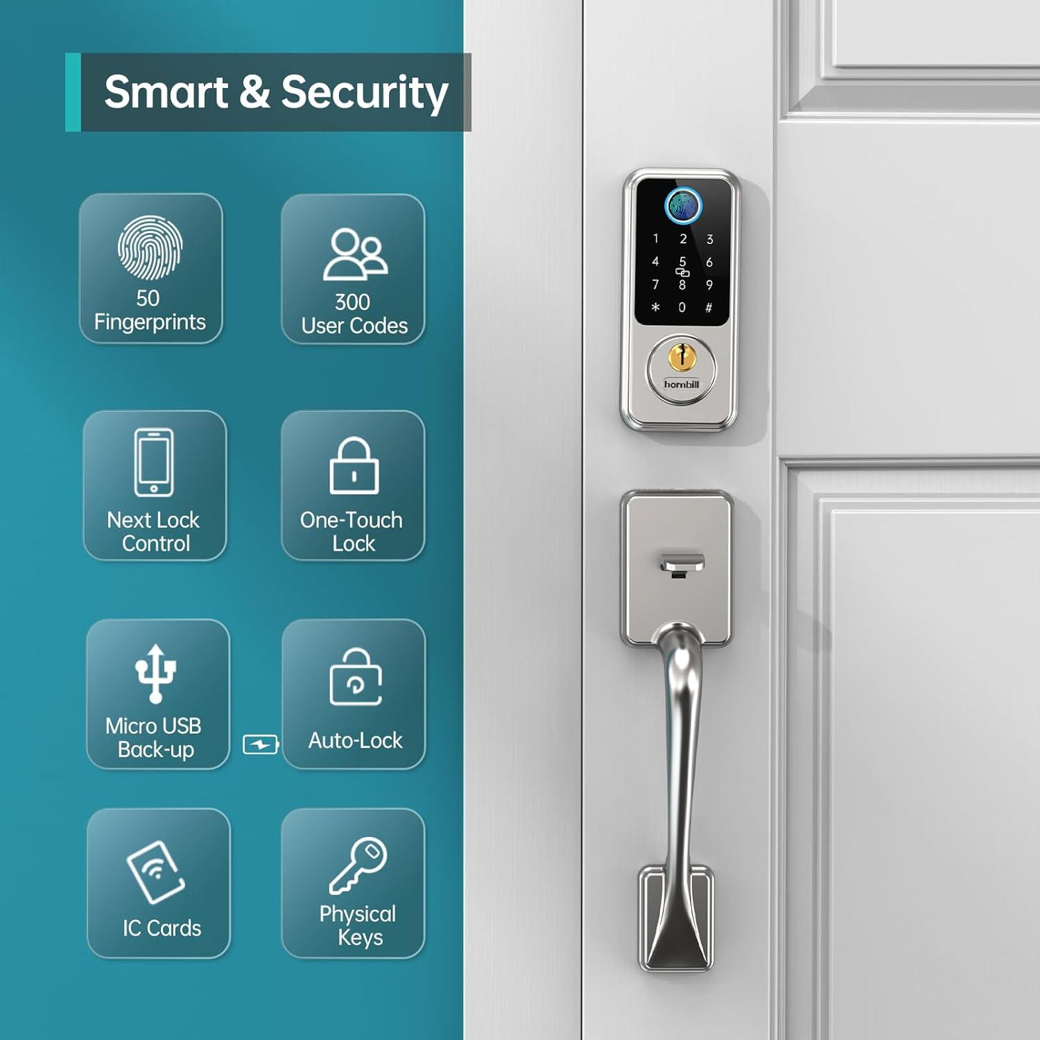 Wi-Fi & Bluetooth Smart Lock, Keyless Entry Smart Front Lock, hornbill Touch Screen Keypads, App Control, Auto Lock, Compatible with Alexa, Remotely Control (Included G2 Gateway)