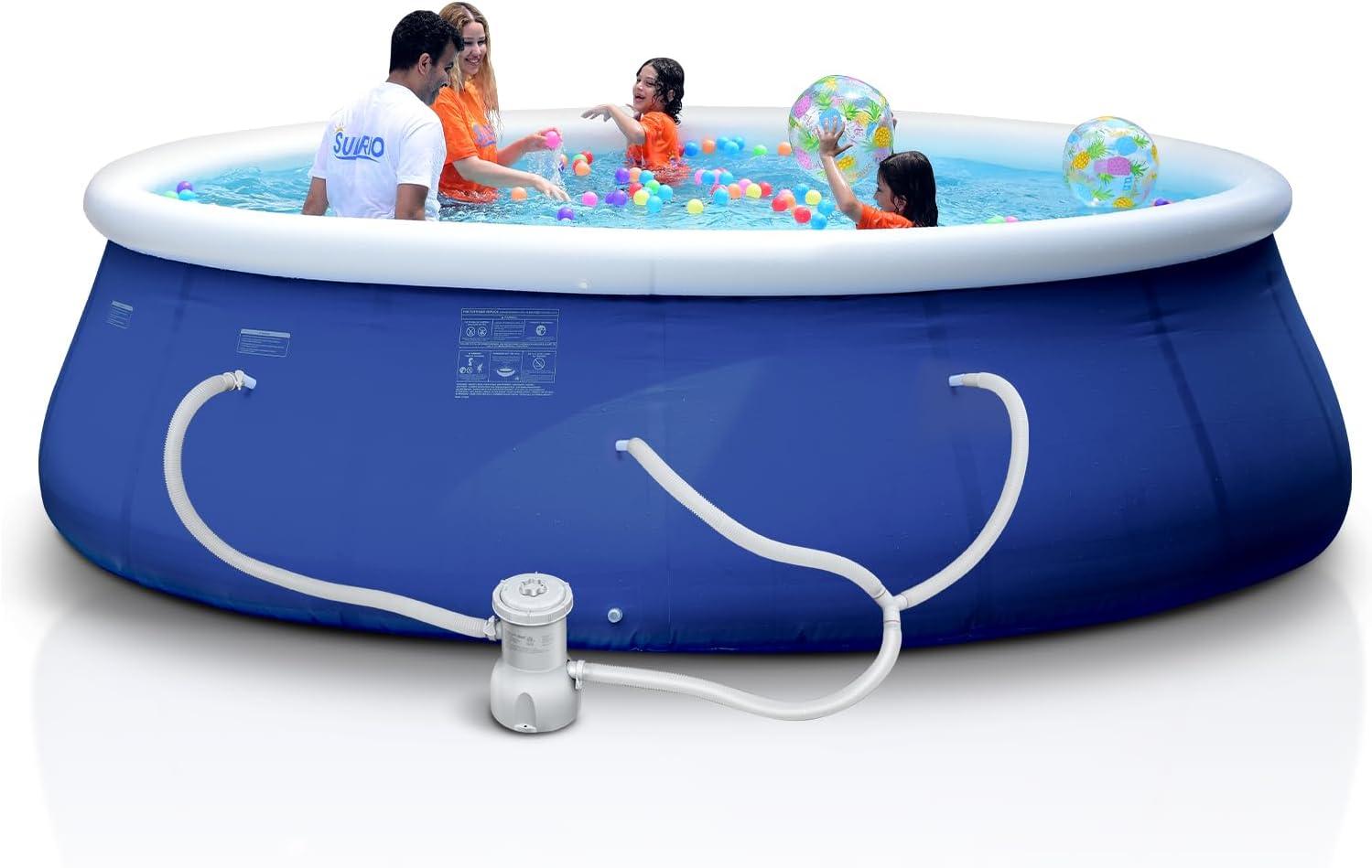 12ft Blue Round Inflatable Above Ground Pool with Filter Pump