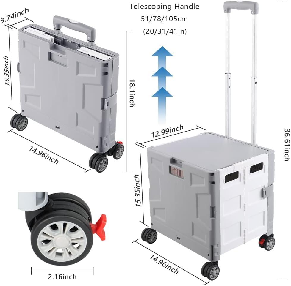 Folding Utility Cart Portable Rolling Crate Hand Truck Teacher Cart Heavy Duty Plastic Telescoping Handle Collapsible Hidden Lid Swivel Wheels for Travel Shopping Moving Office Use(Gray White)