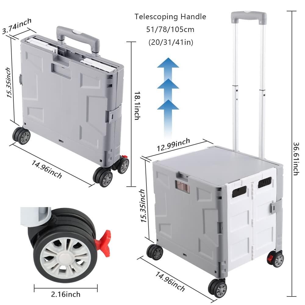 Folding Utility Cart Portable Rolling Crate Hand Truck Teacher Cart Heavy Duty Plastic Telescoping Handle Collapsible Hidden Lid Swivel Wheels for Travel Shopping Moving Office Use(Gray White)