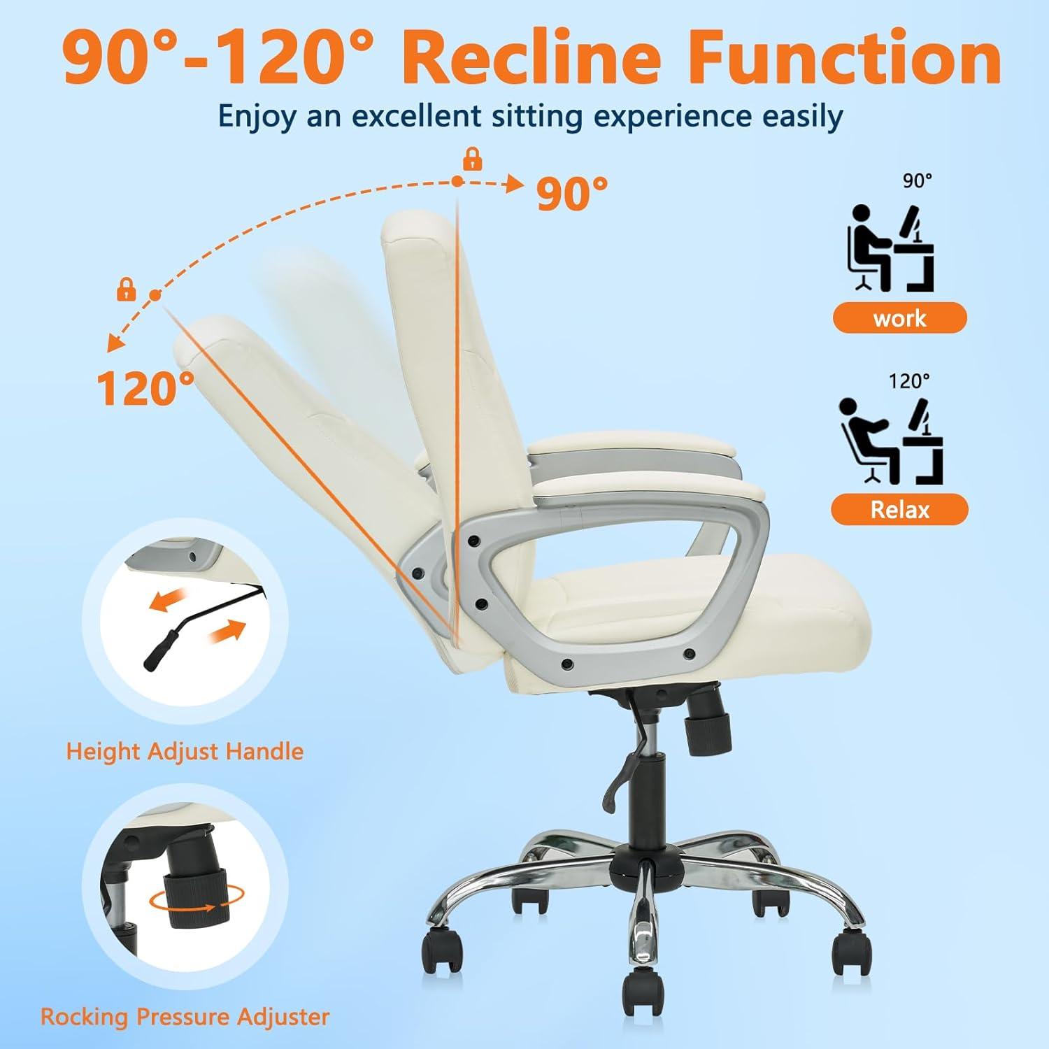 CLATINA Mid Back Leather Office Executive Chair with Lumbar Support and Padded Armrestes Swivel Adjustable Ergonomic Design for Home Computer Desk White 1 Pack