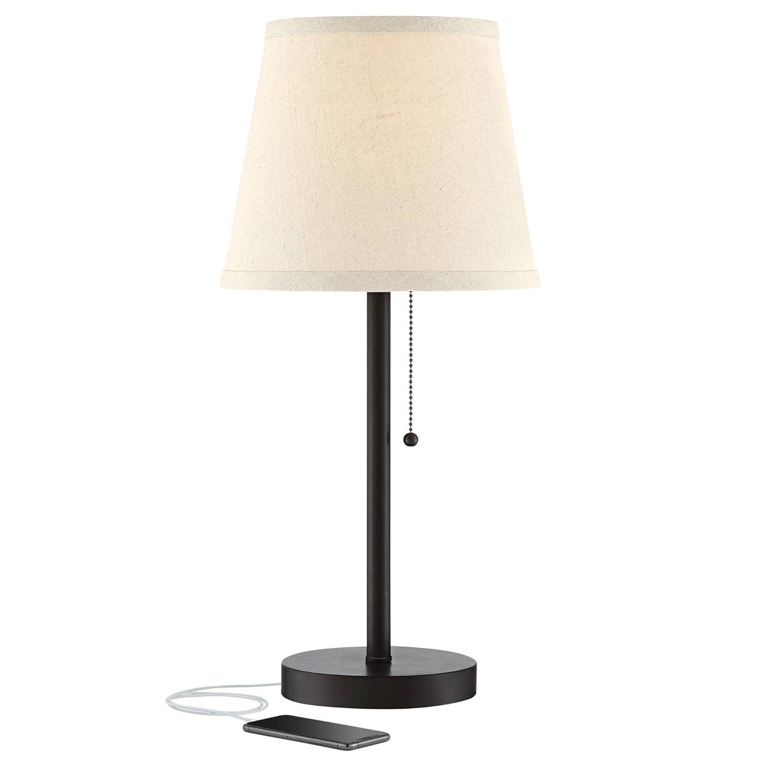 360 Lighting Modern Desk Table Lamp with Hotel Style USB and AC Power Outlet in Base 20" High Bronze Metal Oatmeal Drum Shade for Bedroom Office