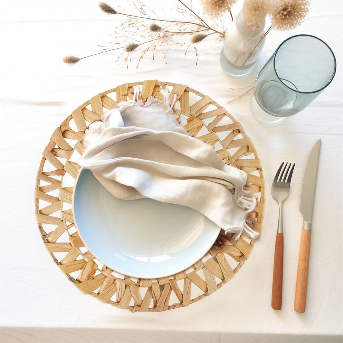 Koyal Wholesale Woven Placemats Set of 12, 14.8" Round Boho Placemats, Water Hyacinth Placemats, Farmhouse Place Mats, Wicker Placemats