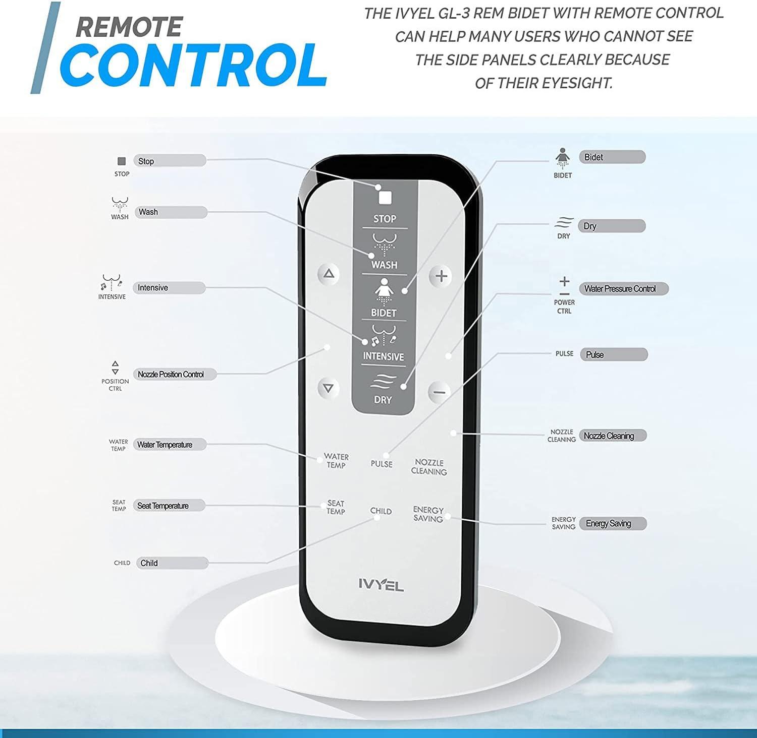 Ivyel GL-3 REM Smart Electric Bidet for Toilet Seat with Remote,For Round Toilets,Stainless Steel Self Cleaning Nozzle,Heated bidet Toilet Seat with Warm Water,Air Dryer,Intensive Wash