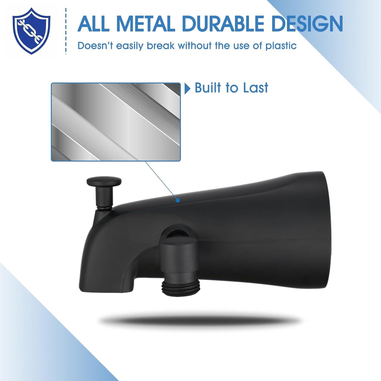 All Metal Tub Spout with Diverter Matte Black, Fits Threaded 1/2" or 3/4" IPS, Tub Faucet with Shower Diverter
