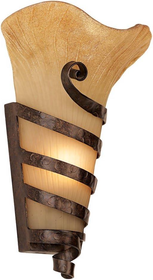 Franklin Iron Works Solara Rustic Wall Light Sconce Rust Iron Scroll Hardwire 10" Fixture Scavo Glass for Bedroom Bathroom Vanity Reading Living Room