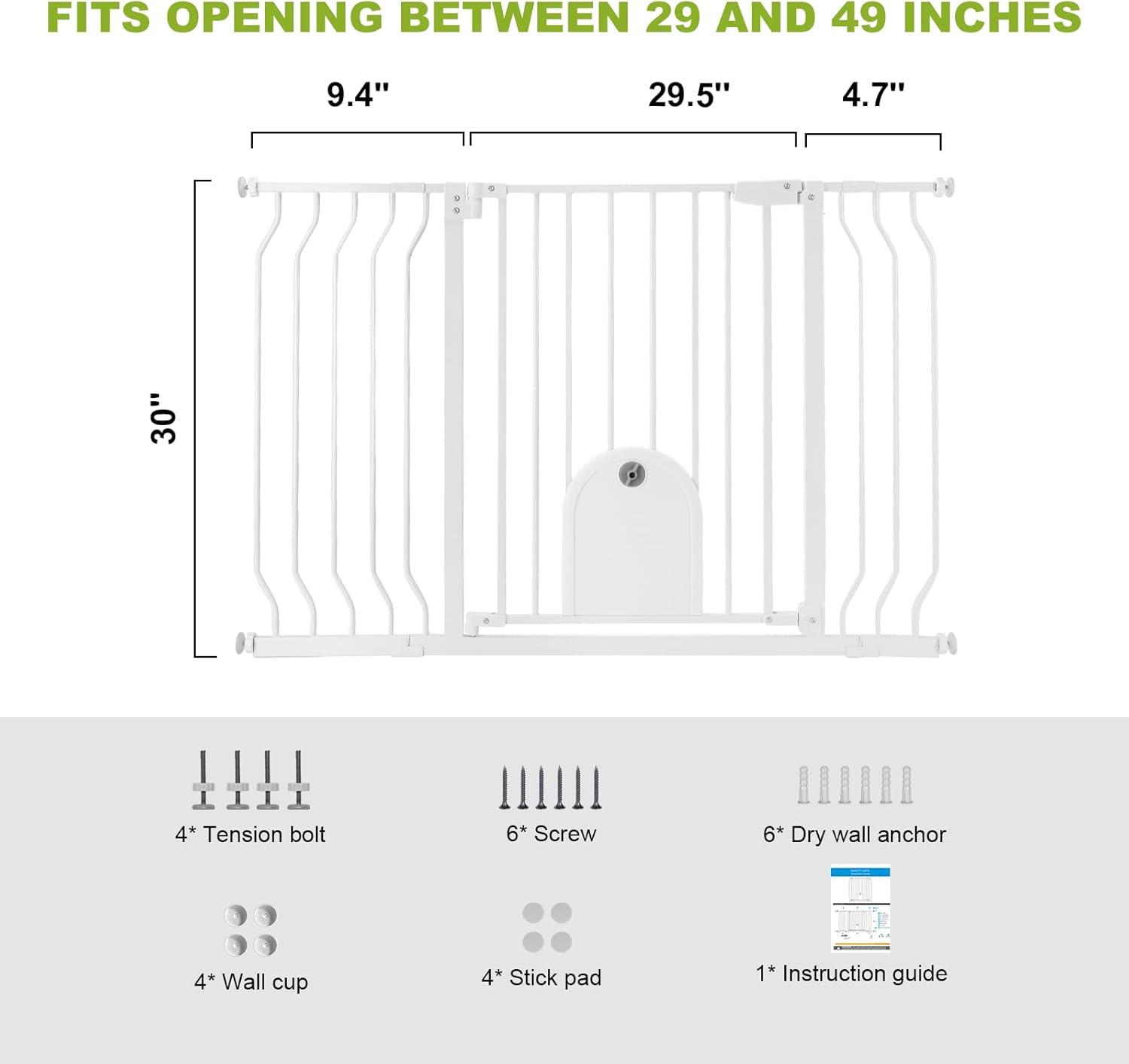 Baby Gates with Cat Door - Auto Close 29.5"-48.4" Safety Metal Dog Pet Gate for Doorway, Stairs, House, Walk Through Child Gate with Pet Door, includes 4 Wall Cups and 2 Extension Pieces