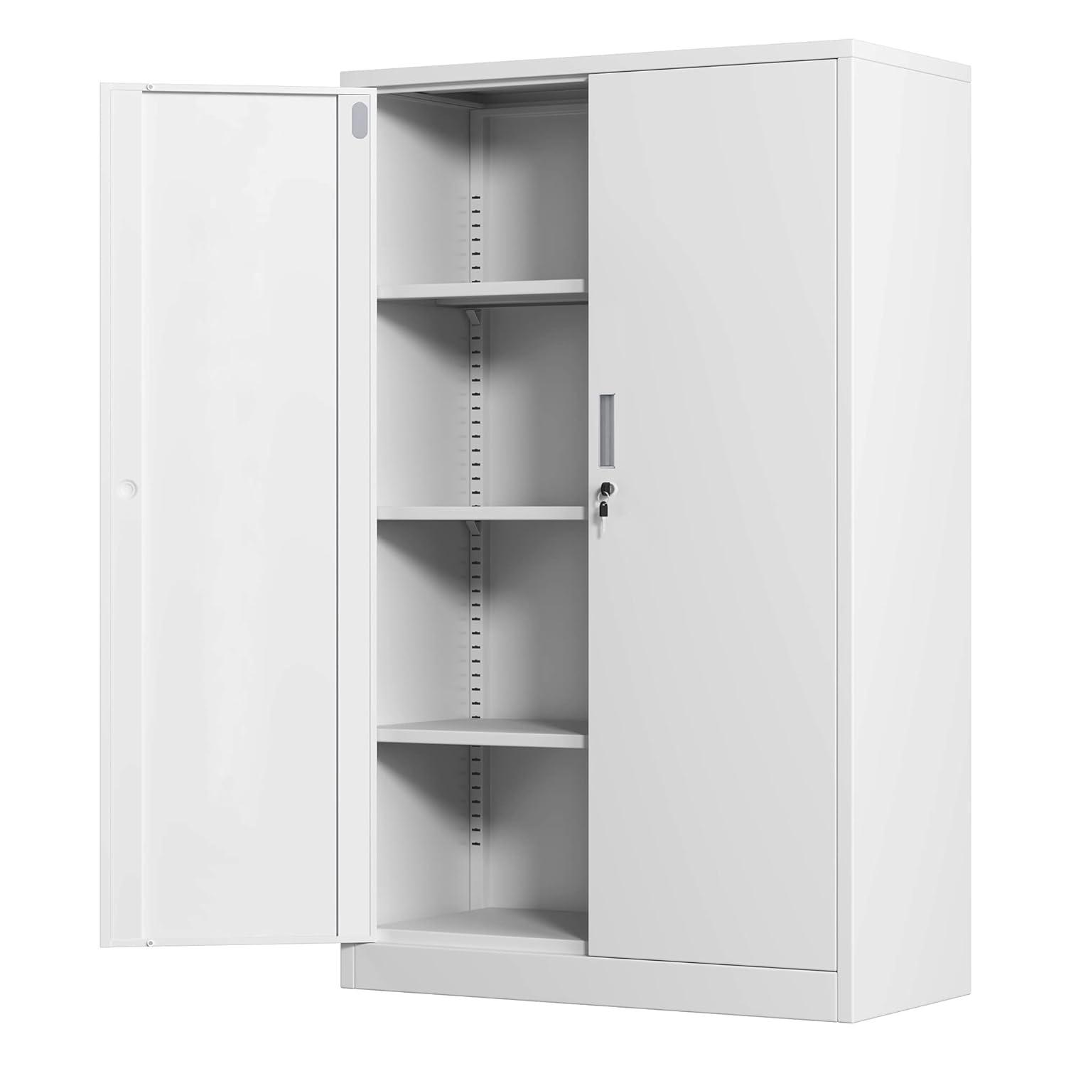 Metal Storage Cabinets with Shelves and Doors, Sideboard Buffet Cabinet for Kitchen, Entryway, Living Room, Home Office, Garage, Utility Room and Basement, 36.2" H x 31.5" W x 15.7" D (White)