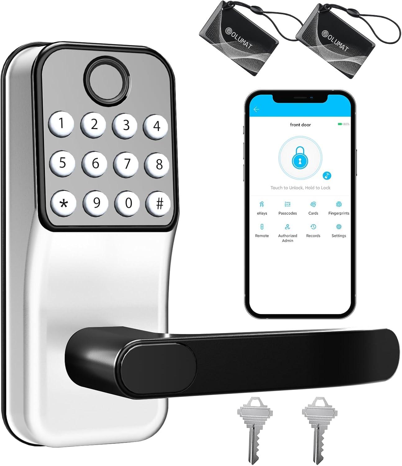 Smart Door Lock, OLUMAT Keyless Entry Door Lock Fingerprint Door Lock with Keypad Digital Door Lock with Handle for Home, Rental, Office and Hotel-Silver