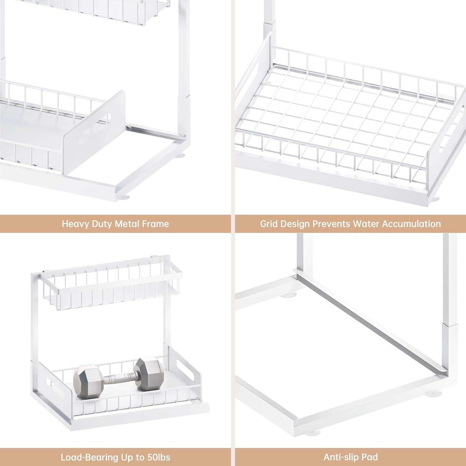 Delamu 2 Pack Under Sink Organizer and Storage, 2 Tier Pull Out Cabinet Organizer, Slide Out Under Sink Storage Shelf for Kitchen Bathroom, White