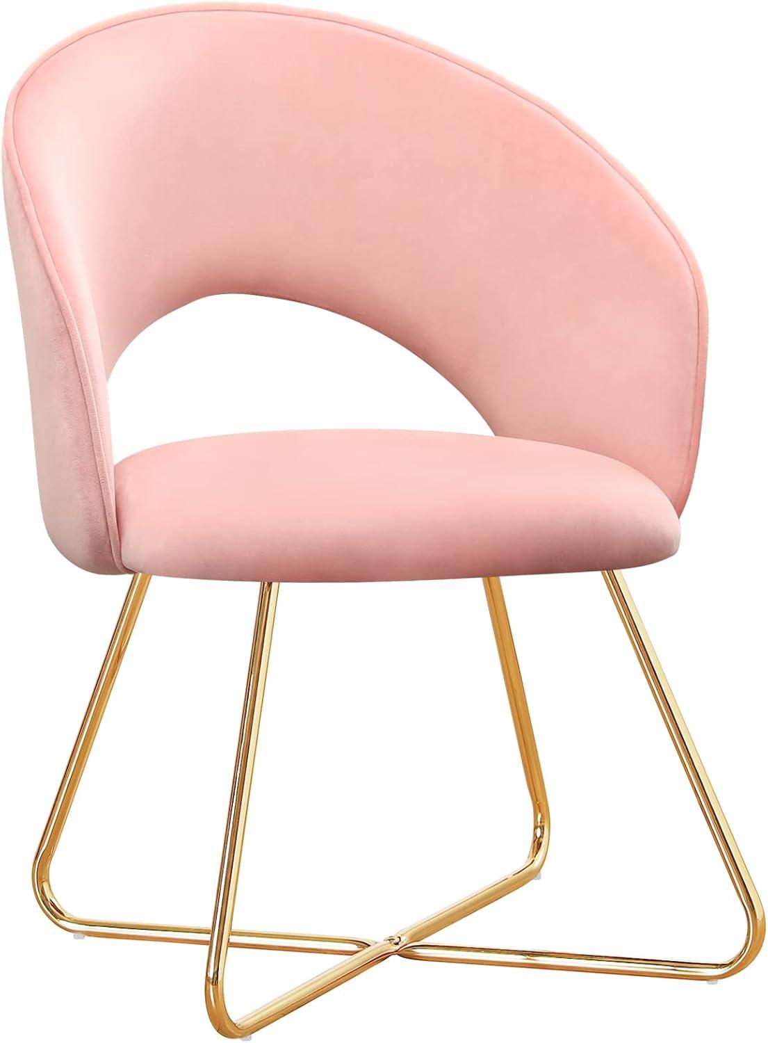 Furniliving  Velvet Upholstered Accent Chair Mid-Back Leisure Chairs Makeup Vanity Stool  , Pink