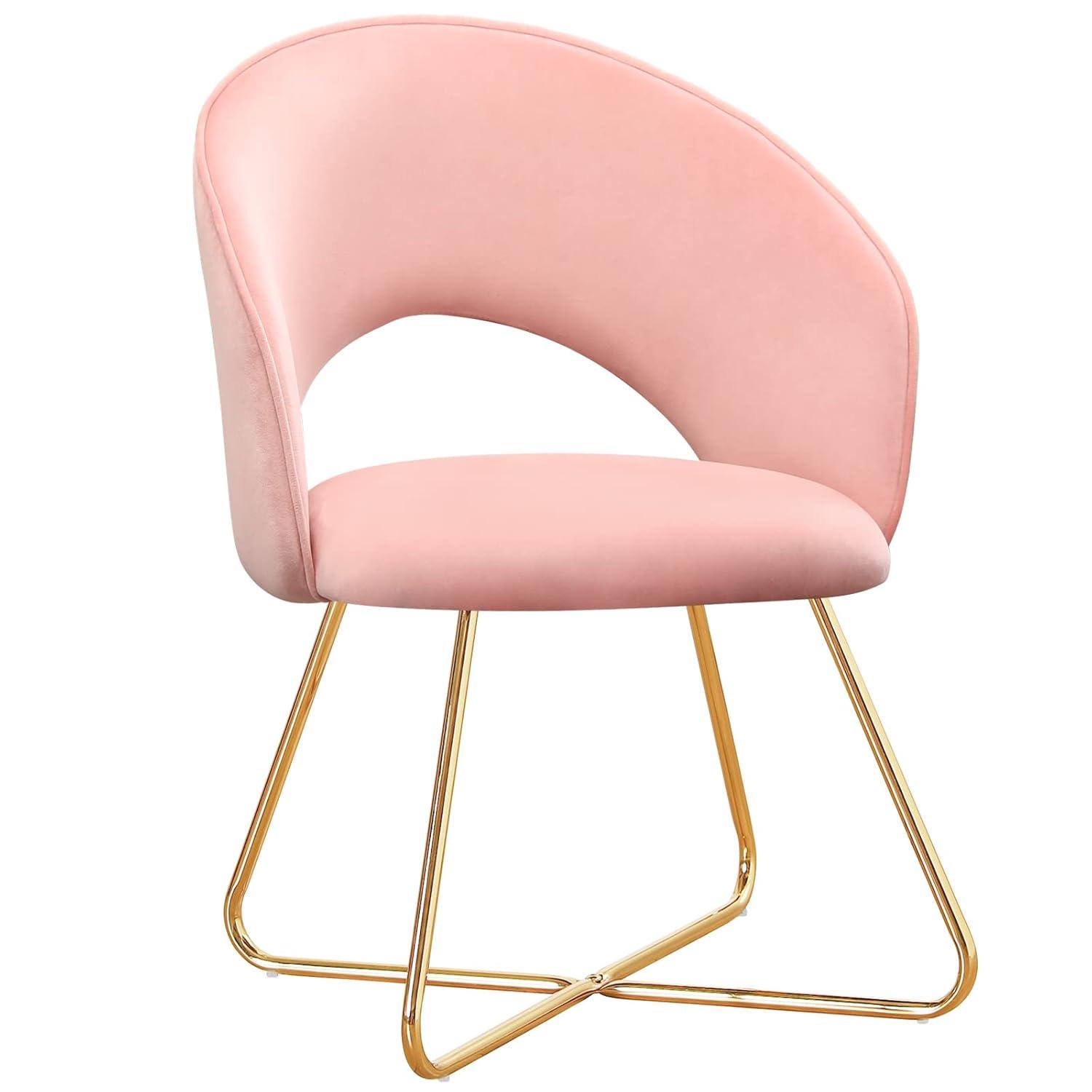 Furniliving  Velvet Upholstered Accent Chair Mid-Back Leisure Chairs Makeup Vanity Stool  , Pink