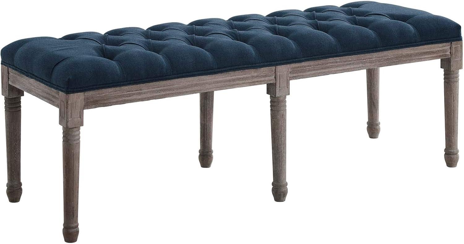 Navy French Vintage Upholstered Fabric Bench with Wood Legs