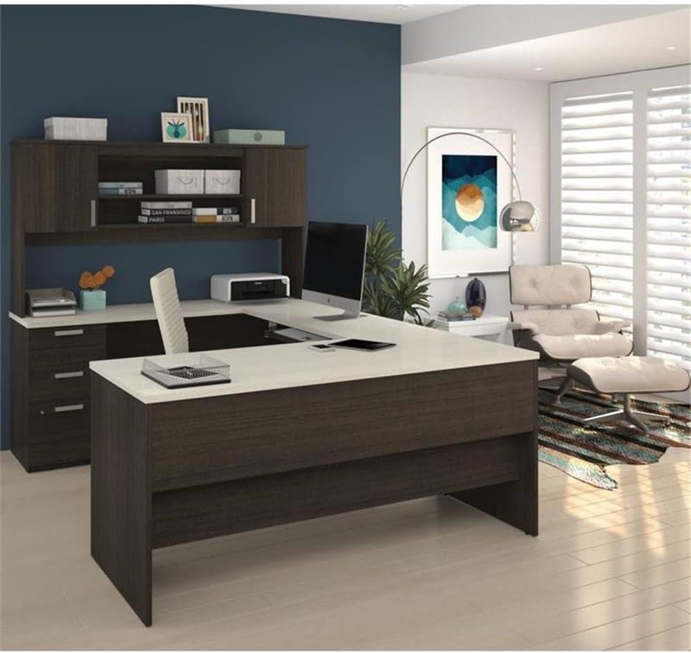 Bestar Ridgeley U Shaped Desk in Dark Chocolate & White Chocolate