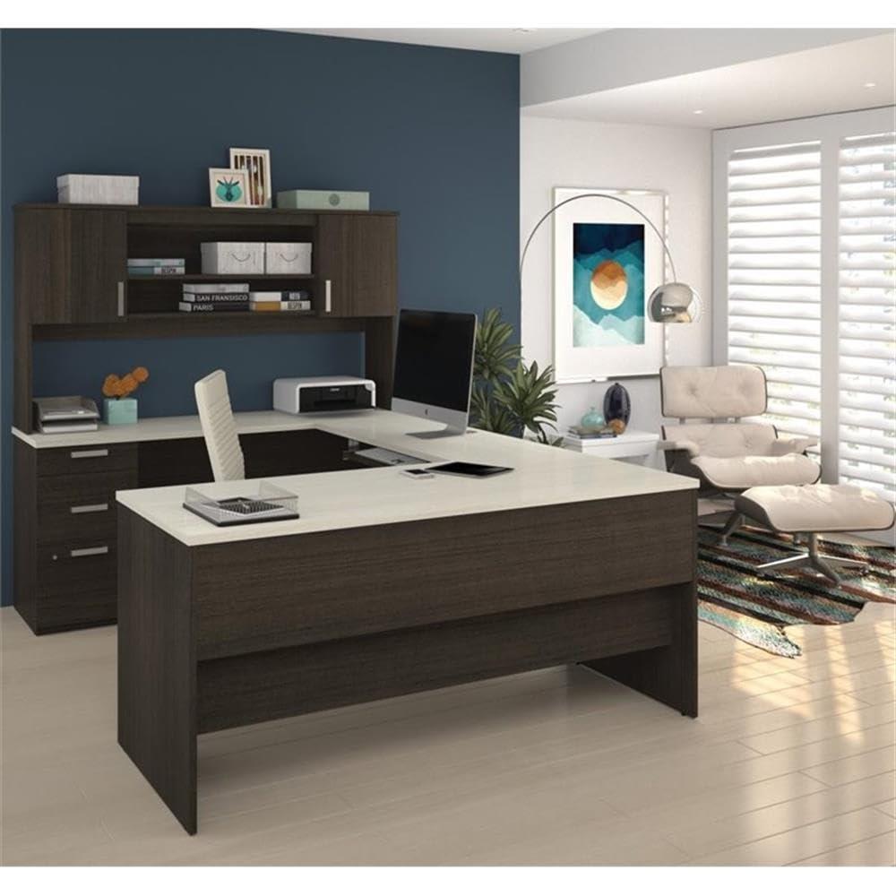 Bestar Ridgeley U Shaped Desk in Dark Chocolate & White Chocolate