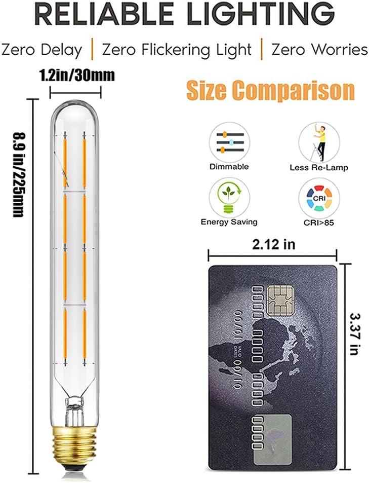 Leools T10 Led Long Bulbs 8W,E26 Dimmable Tubular Bulb,Equivalent 75 Watt, E26 Edison Style Vintage LED Filament Light Bulb,2700K Warm White,8.9in(225mm),4-Pack.