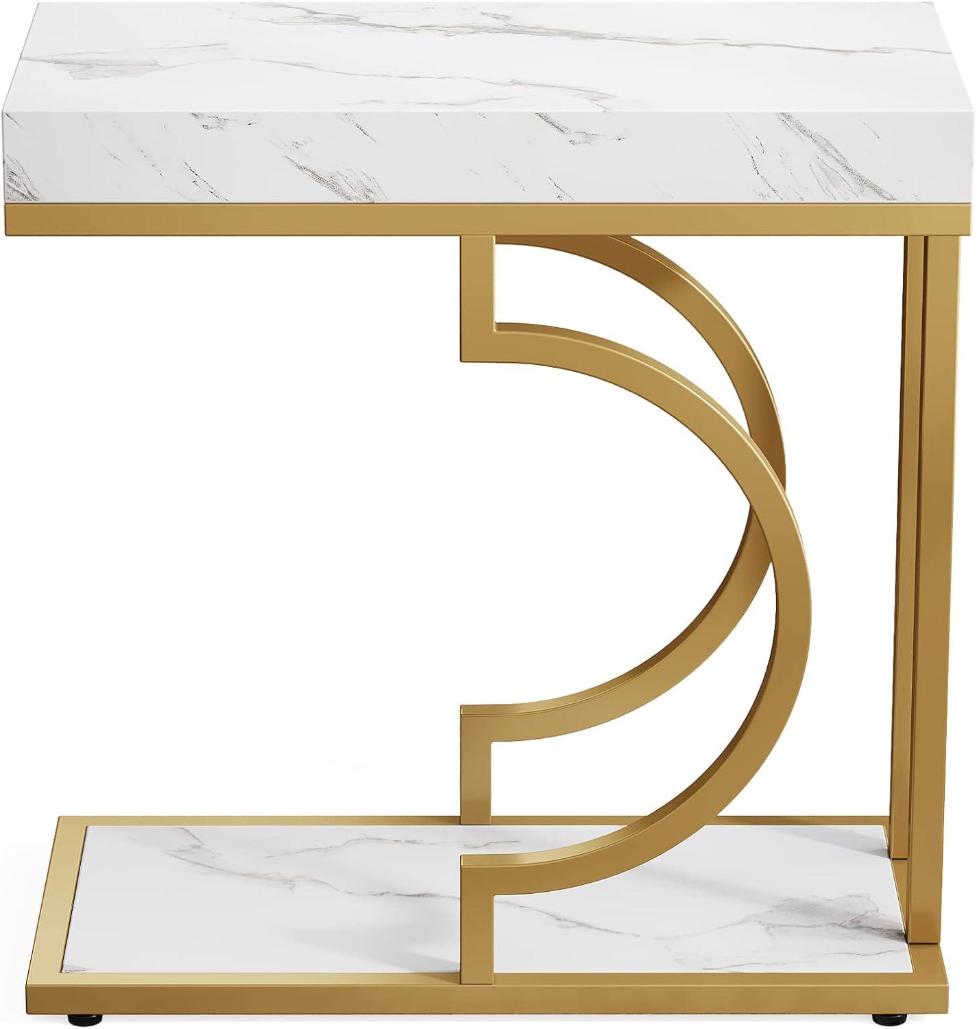 White Faux Marble and Gold C-Shaped End Tables Set of 2