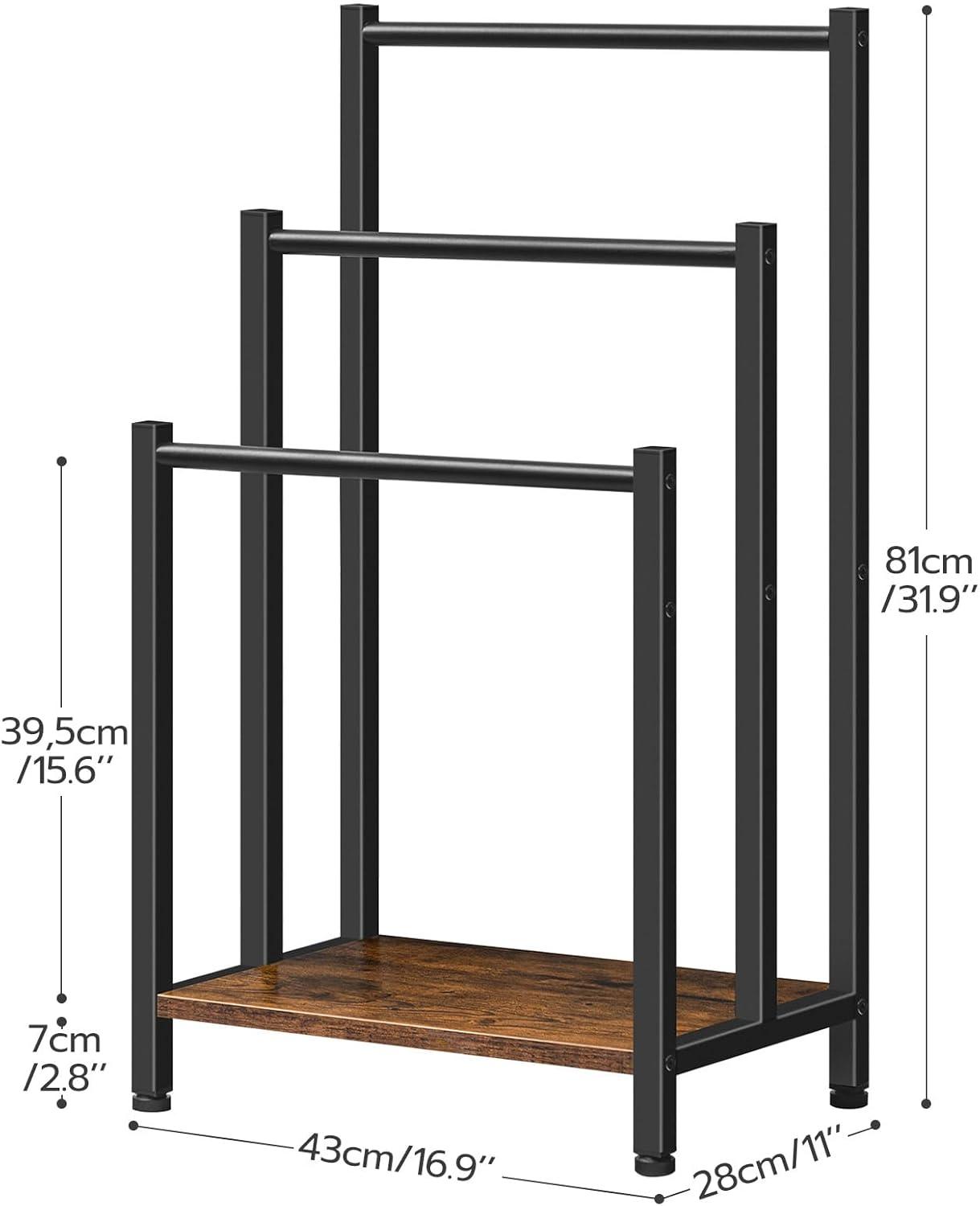 HOOBRO Free Standing Towel Rack, 3 Tier Blanket Rack, Blanket Holder for Bathroom, 16.9" L x 11" W x 31.9" H, Industrial Metal Drying and Display Rack with Shelf, Rustic Brown and Black BF03LB01