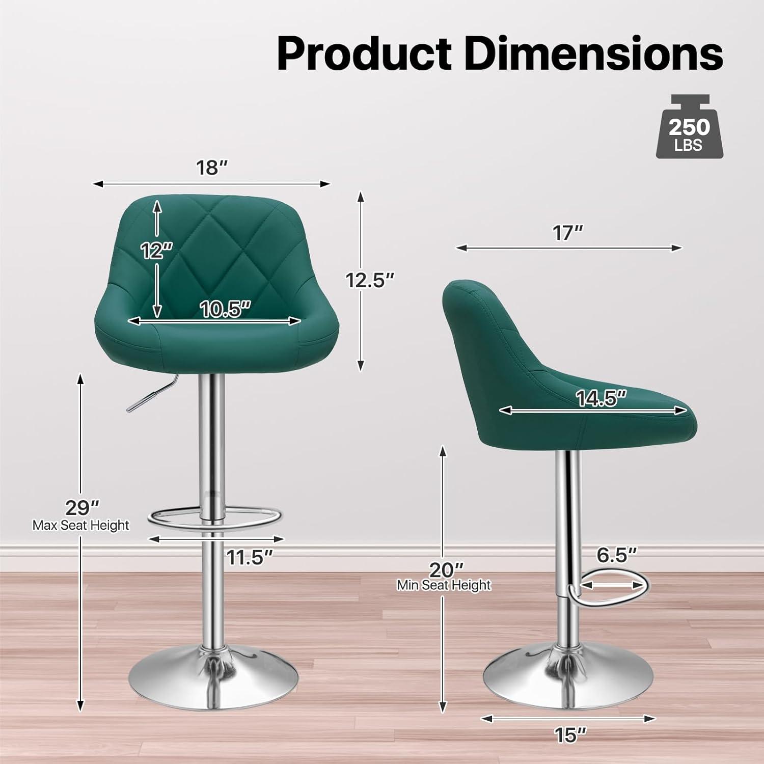 Bar Stools Set of 2, Adjustable Counter Height Swivel Barstools, Modern Dining Chairs Bar Pub High Stool with Back for Kitchen Island, Teal Green