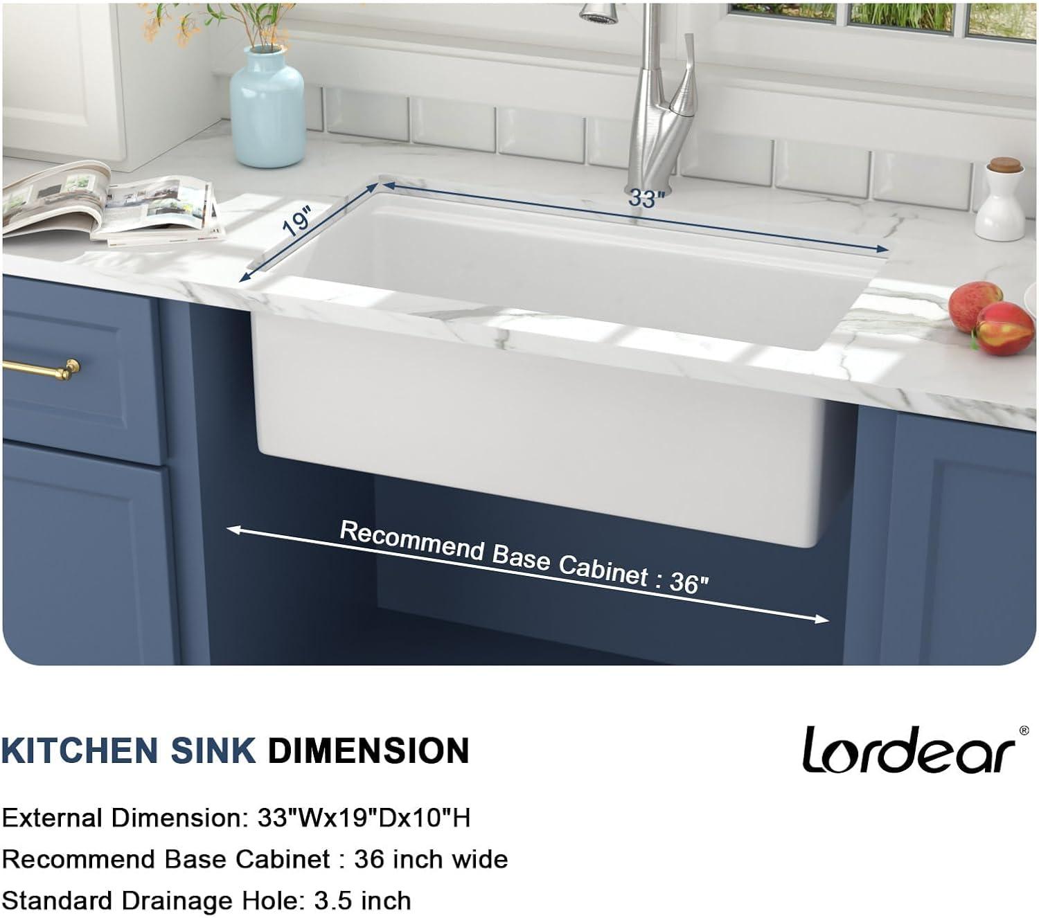 Lordear 33 Inch White Kitchen Sink Undermount Composite Granite Quartz Single Bowl Workstation 33x19x10 Inch Under Counter Kitchen Sinks