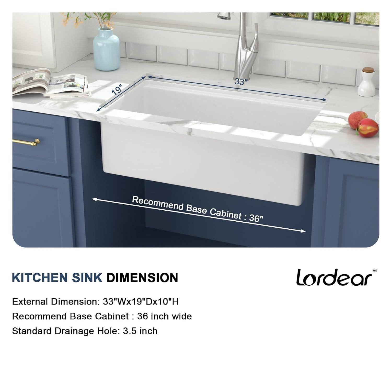 Lordear 33 Inch White Kitchen Sink Undermount Composite Granite Quartz Single Bowl Workstation 33x19x10 Inch Under Counter Kitchen Sinks
