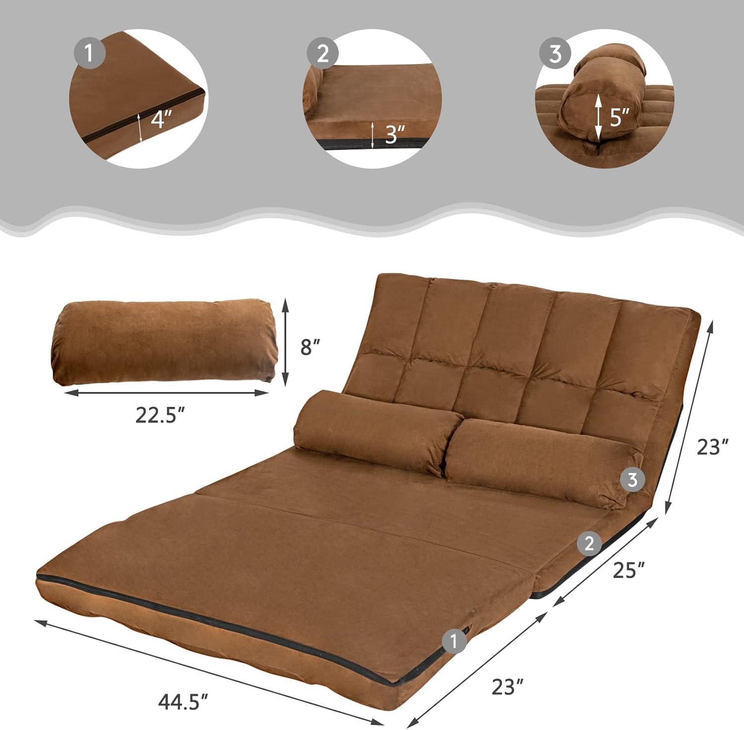 XIAOTAO Adjustable Floor Sofa, 6-Position Foldable Lazy Sofa Bed, Durable & Stable Suede Floor Seating Couch with 2 Pillows (Brown)