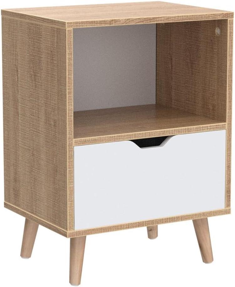 Sweetgo Modern Wooden Bedroom 2-Tier Nightstand End Side Table with Open Shelf, 4 Anti-Slip Rubber Padded Legs, & 1 Storage Drawer, Tan, Set of 2