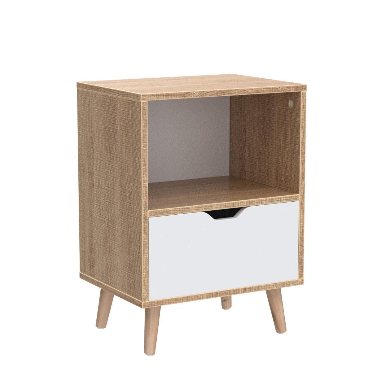 Sweetgo Modern Wooden Bedroom 2-Tier Nightstand End Side Table with Open Shelf, 4 Anti-Slip Rubber Padded Legs, & 1 Storage Drawer, Tan, Set of 2