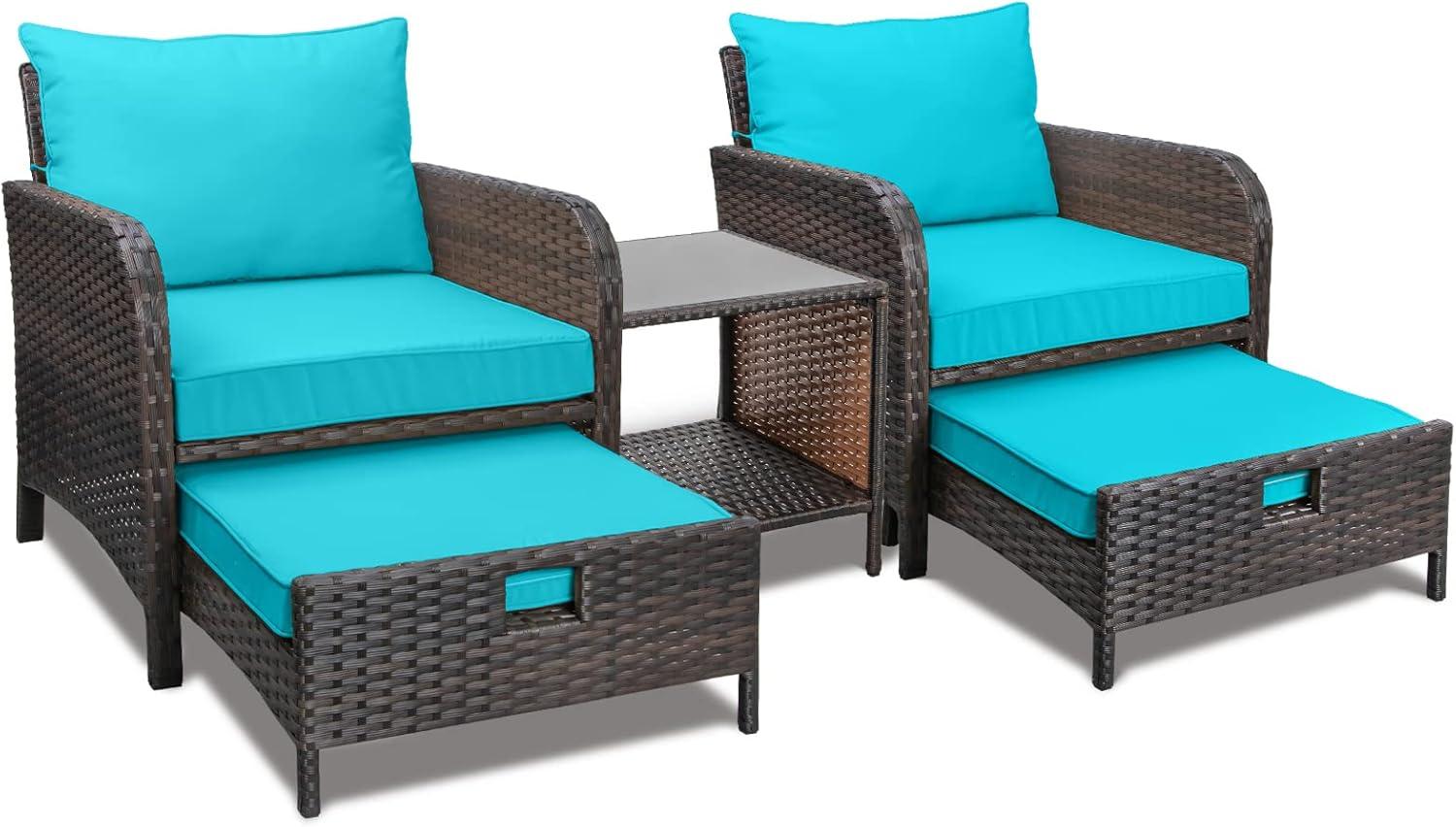 Lake Blue PE Wicker 5-Piece Patio Set with Glass Table