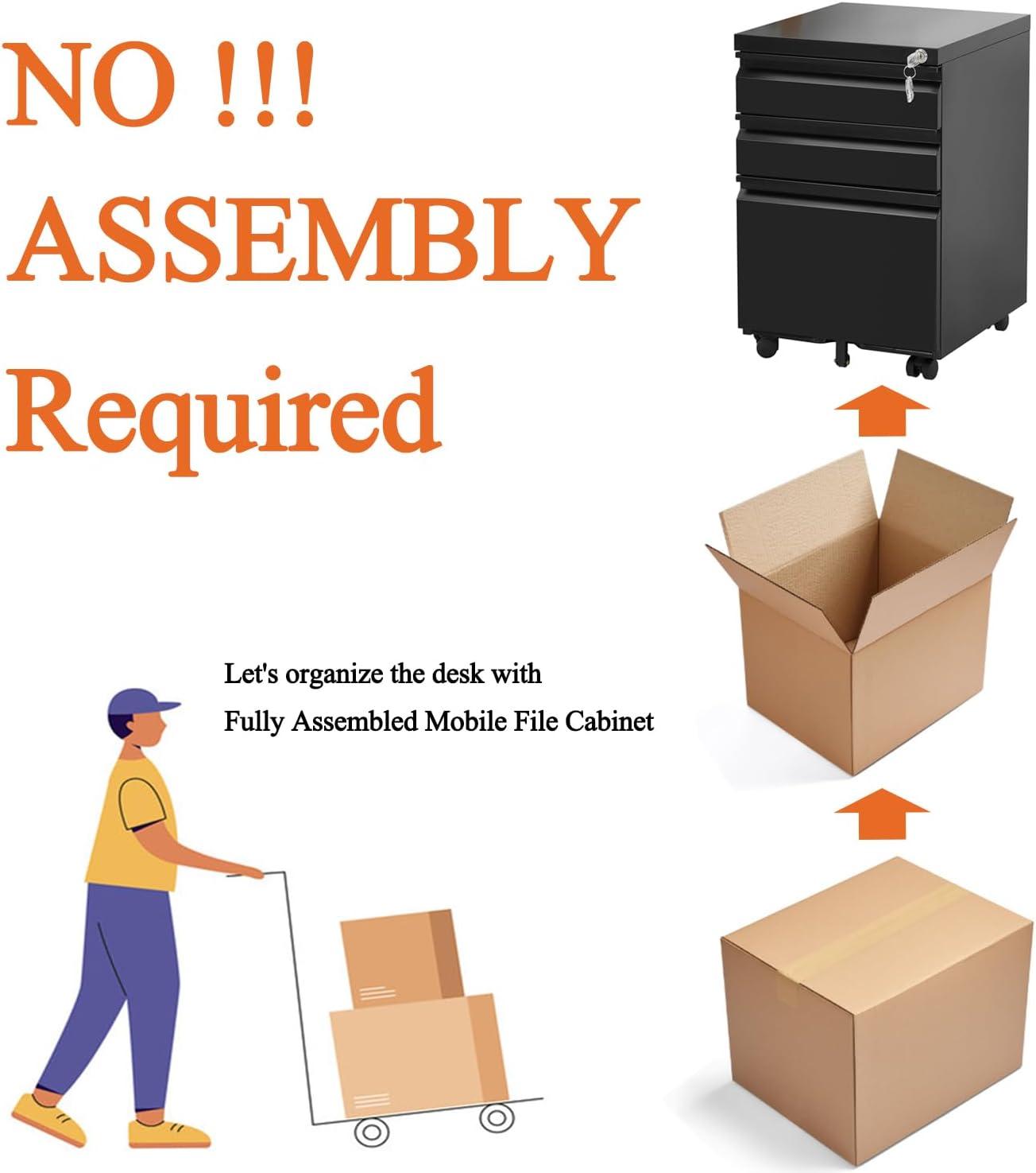 MIIIKO File Cabinet 3 Drawers on Wheels Under Desk, Black Metal Rolling File Cabinets with Lock for Home Office, Un-Assembled Filing Cabinet with Lock