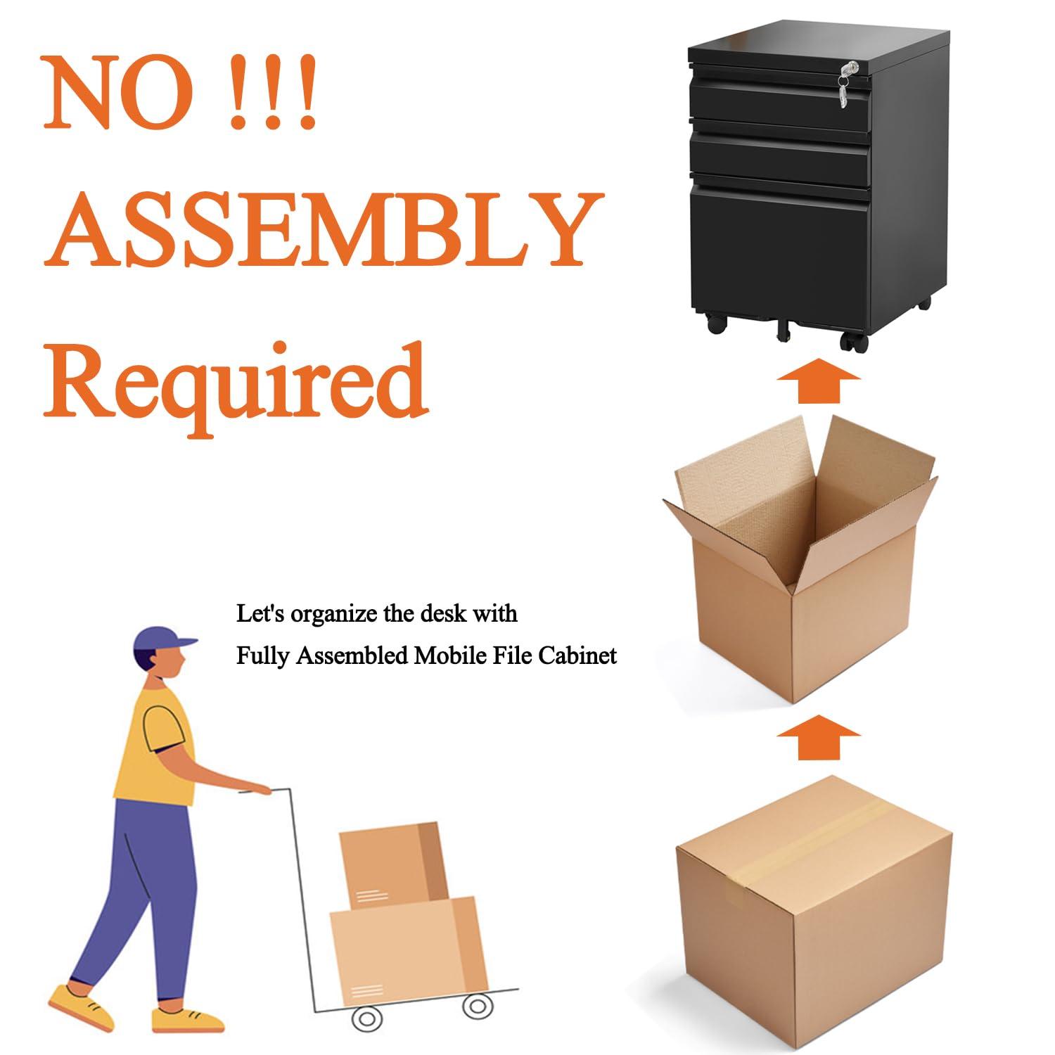 MIIIKO File Cabinet 3 Drawers on Wheels Under Desk, Black Metal Rolling File Cabinets with Lock for Home Office, Un-Assembled Filing Cabinet with Lock