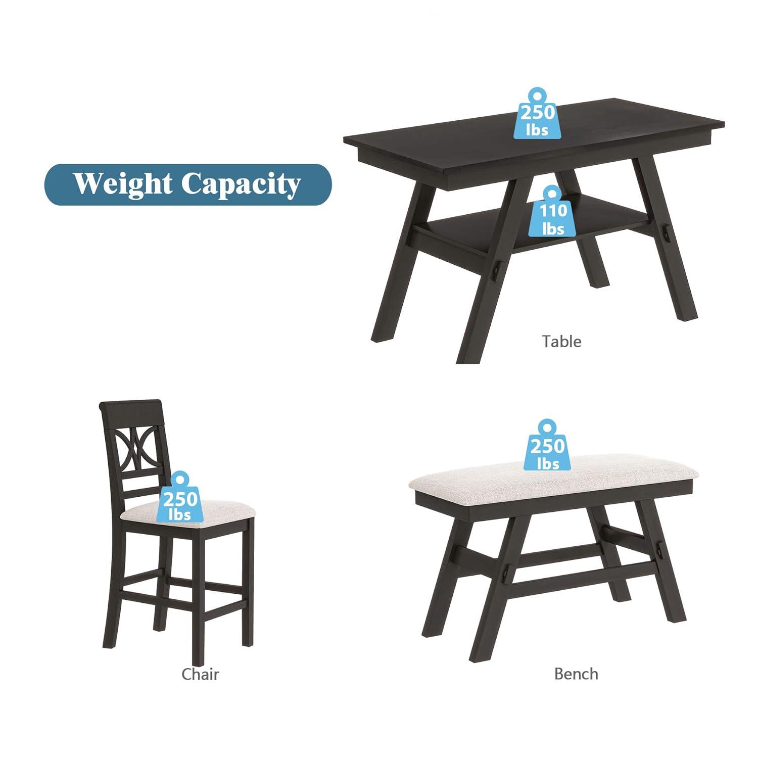 6-Piece Wood Counter Height Dining Table Set with Storage Shelf, 4 Beige Cushion Chairs and Bench, Rustic Style, Espresso