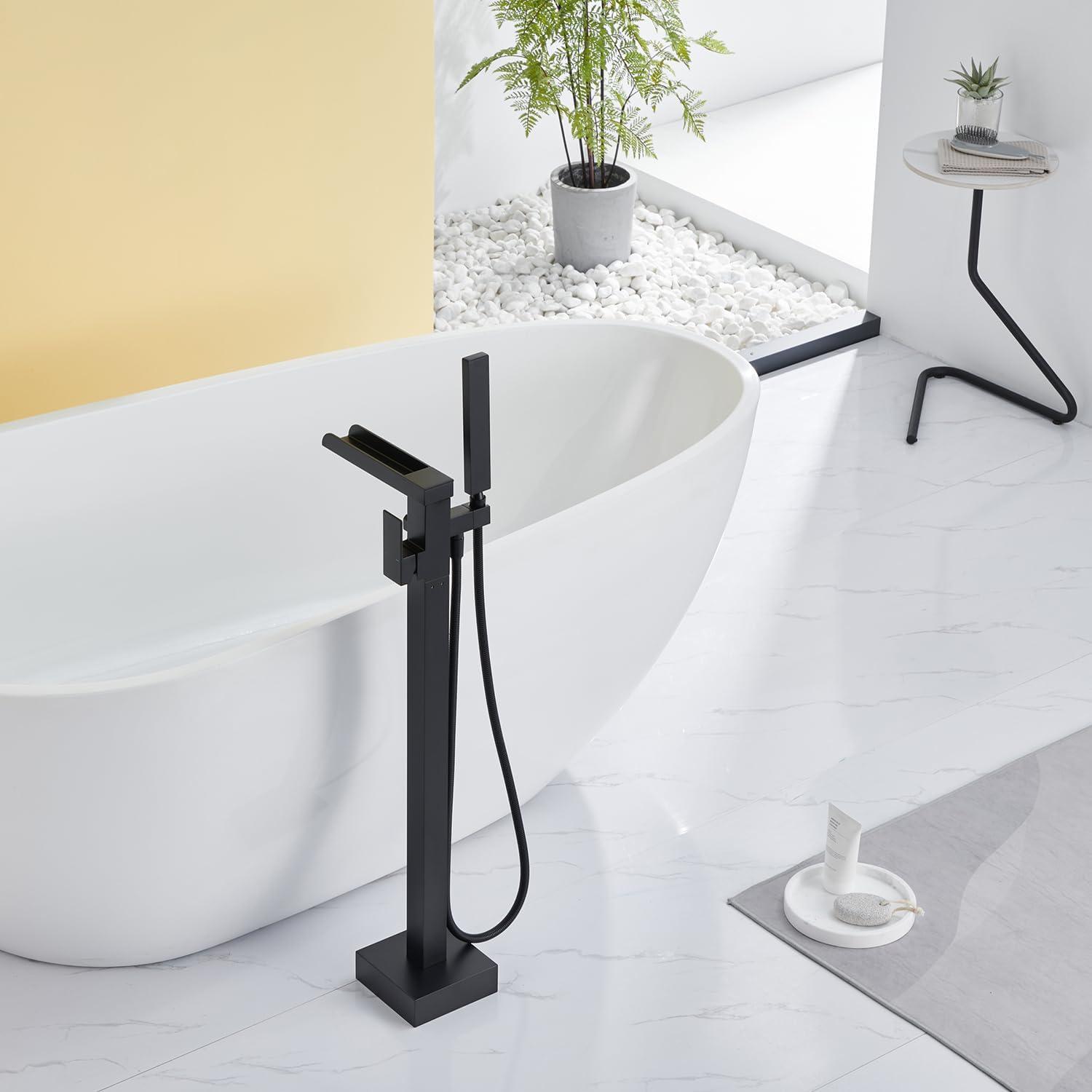 Waterfall Tub Filler Freestanding Bathtub Faucet Floor Mount Brass Single Handle Bathroom Faucets with Hand Shower