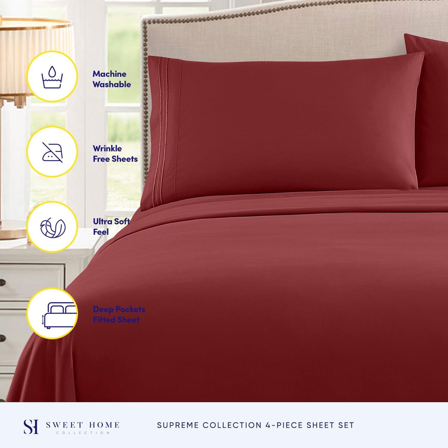 Sweet Home Collection 1800 Series Bed Sheets - Extra Soft Microfiber Deep Pocket Sheet Set - Burgundy, Twin