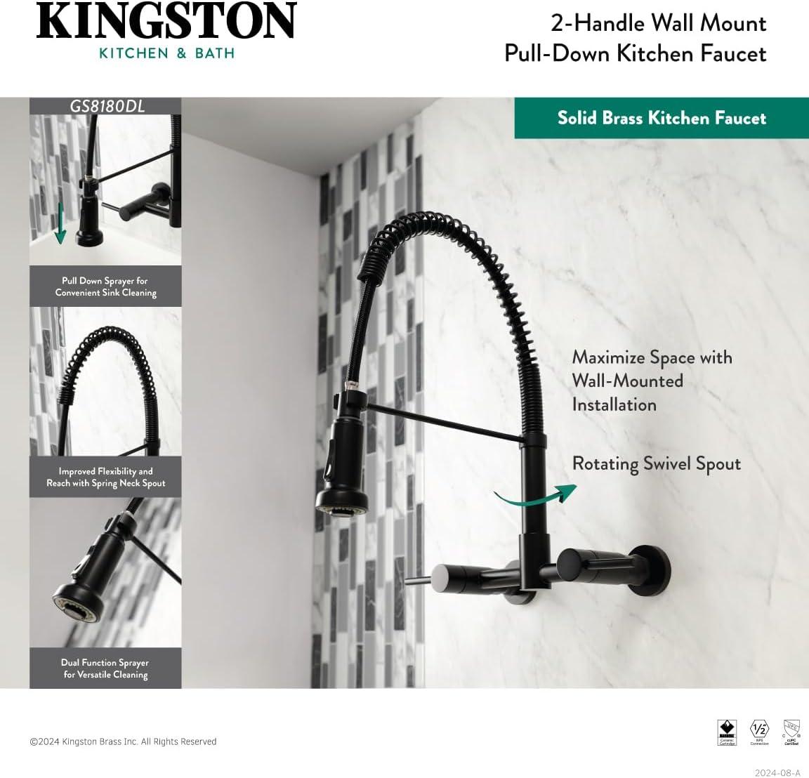 Kingston Brass Concord Double-Handle 2-Hole Wall-Mount Pre-Rinse Bridge Kitchen Faucet