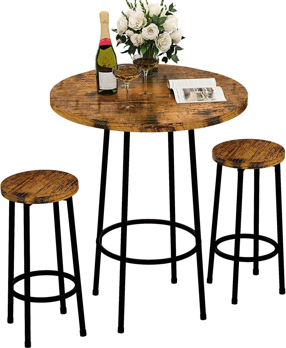 Recaceik 3 Piece Pub Dining Set, Modern Round bar Table and Stools for 2 Kitchen Counter Height Wood Top Bistro Easy Assemble for Breakfast Nook Living Room Small Space Restaurant, Rustic Brown