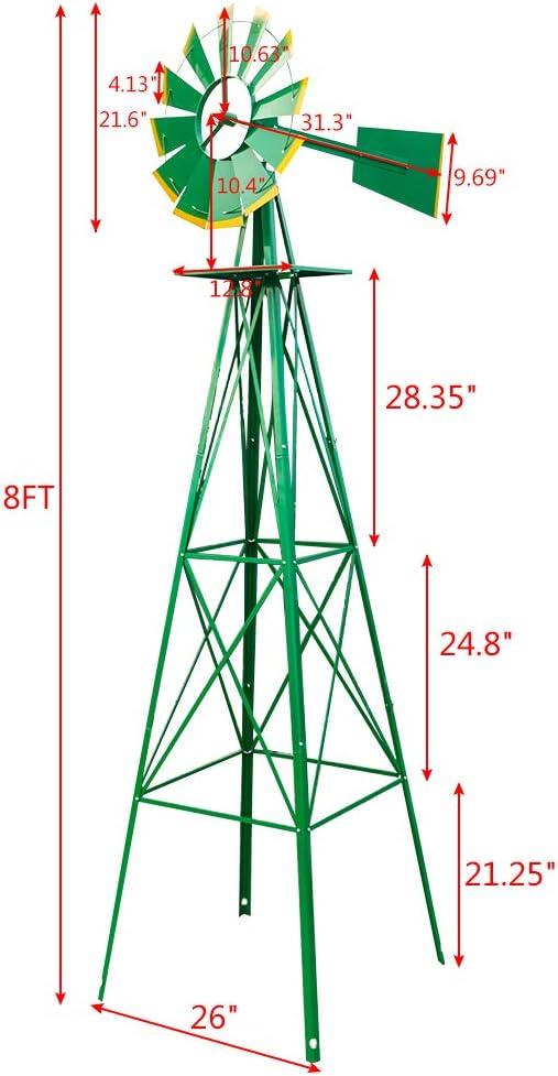 Outdoor Weather Resistant Yard Garden Windmill 8FT Green