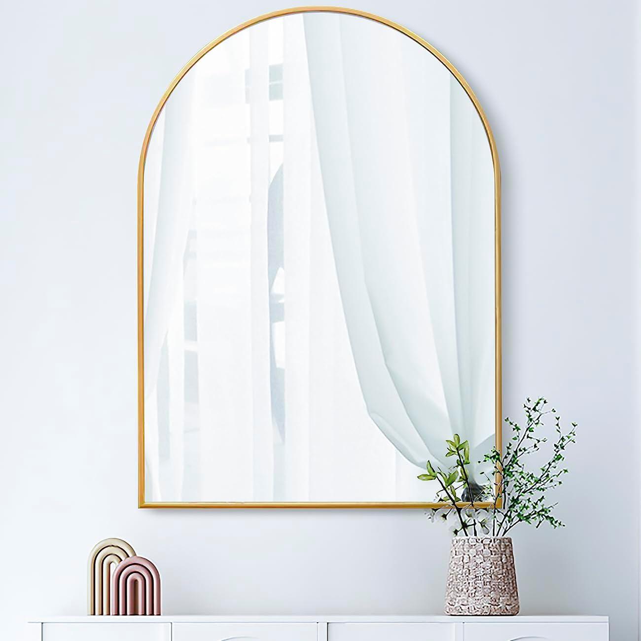 Luxhomez 36" x 24" Arch Wall Mirror for Vanity/ Bathroom, Metal Bathroom Mirror with Waterproof Aluminum Alloy Frame, Gold